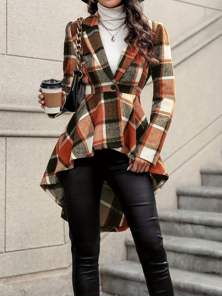 Women's Long Wool Draped Checkered Coat