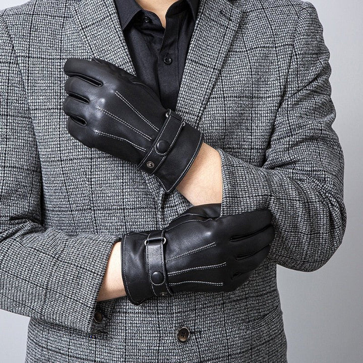 Men's Stylish Warm Winter Leather Gloves - Black