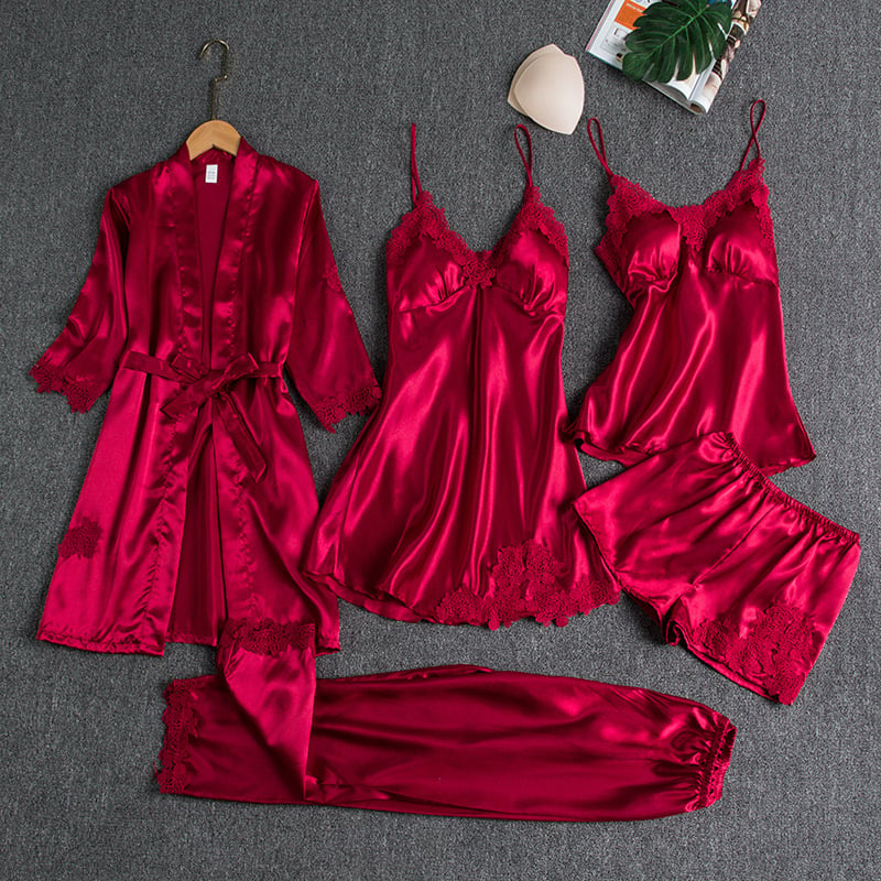 Women's Elegant Satin Kimono Breathable Robe - Red