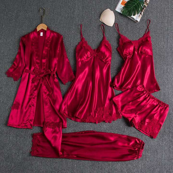 Women's Elegant Satin Kimono Breathable Robe - Red