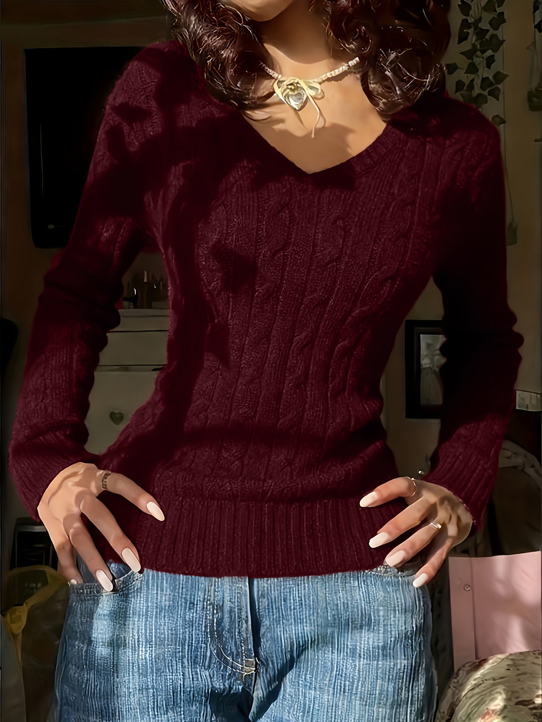 Elegant Women'S Solid Color V-Neck Textured Fabric Comfortable Long Sleeve Sweater