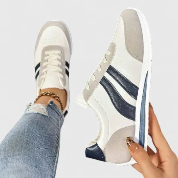 Women's Classic Lace-Up Breathable Orthopedic Sneakers - White with Grey and Accent Stripes
