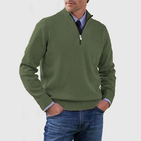 Men's Elegant Knit Zip Quarter Sweater - Dark green