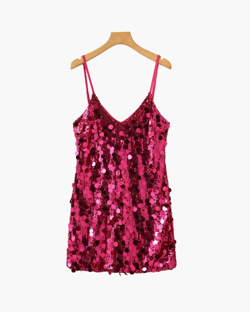 Women's Tank Sequin V-Neck Mini Going Out Top - Pink