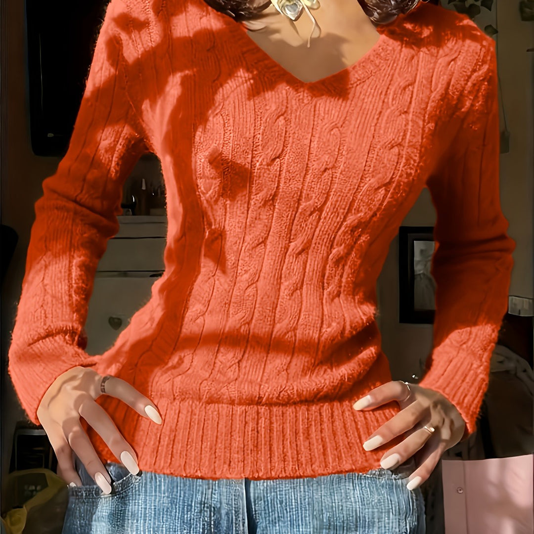 Elegant Women'S Solid Color V-Neck Textured Fabric Comfortable Long Sleeve Sweater