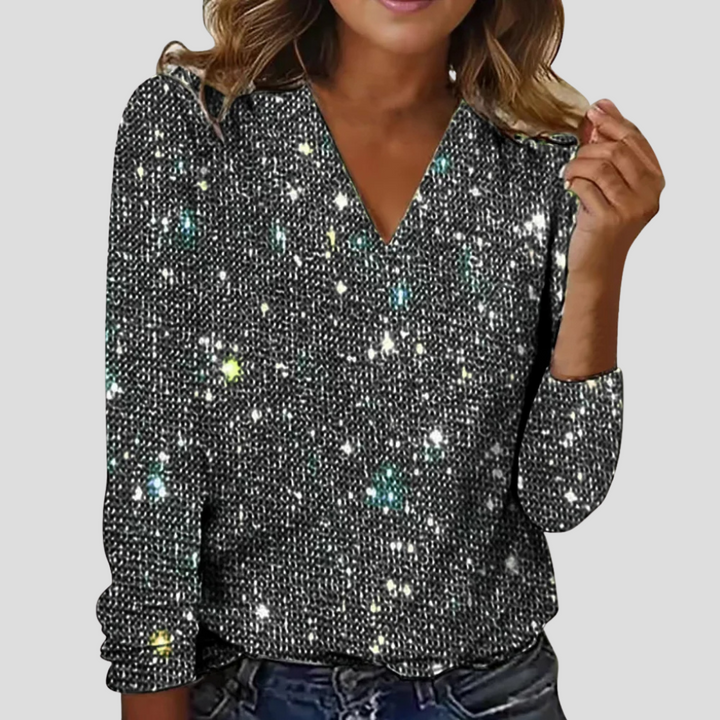 Women's Sparkly V-Neck Long Sleeve Sequin Top - Grey