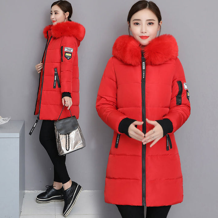 Women's Fur Hood Long Puffer Winter Jacket - Red
