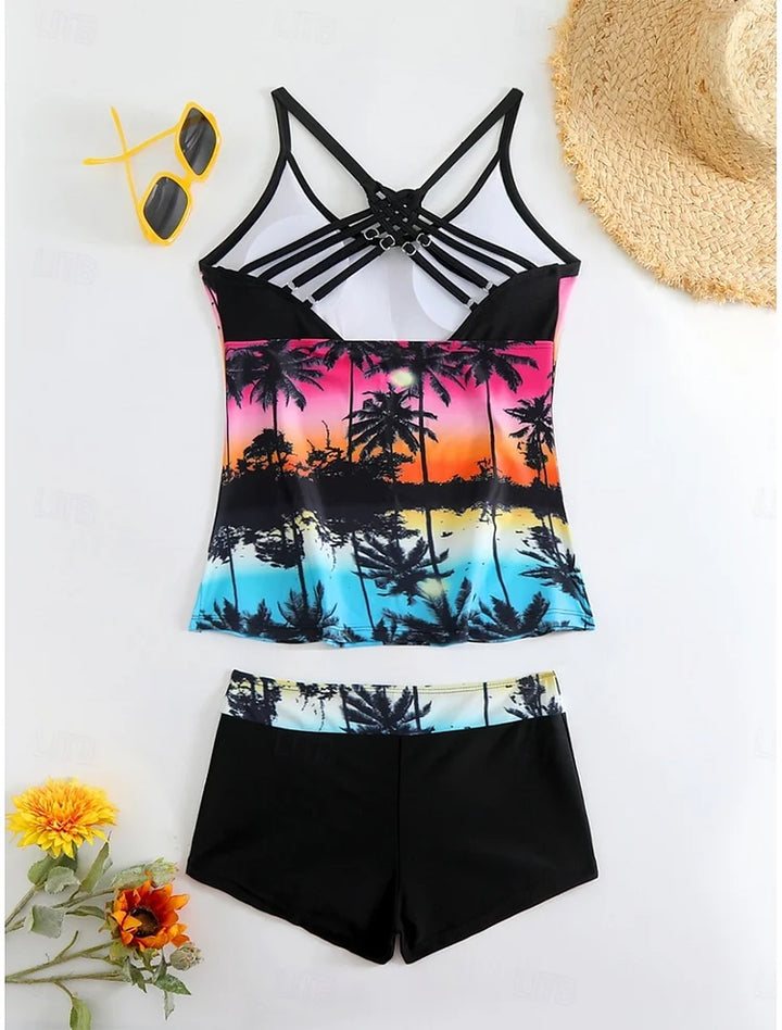 Havana | Tropical Print Tankini Set With Swim Shorts