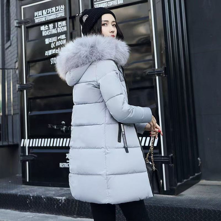 Women's Fur Hood Long Puffer Winter Jacket - Grey
