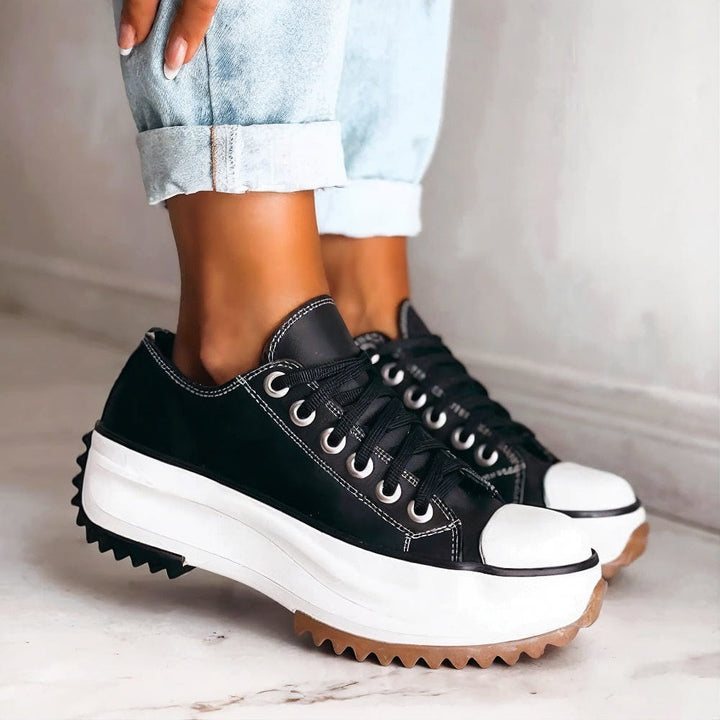 Women's Chunky Leather Slip-On Platform Orthopedic Sneakers - Black