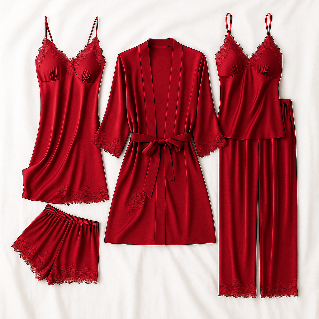 Women's Elegant Satin Silk Breathable Robe Set - Red