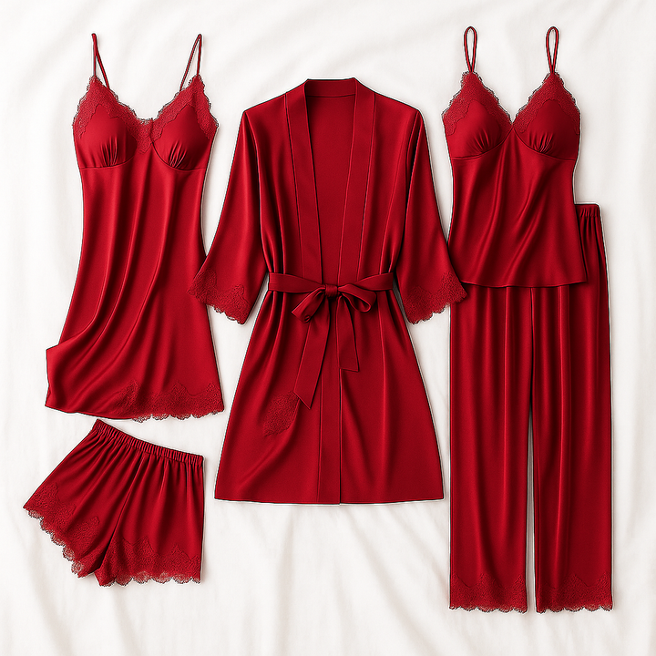 Women's Elegant Satin Silk Breathable Robe Set - Red