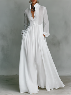 Veronica | Minimalist Cotton Linen Maxi Dress with a High Collar