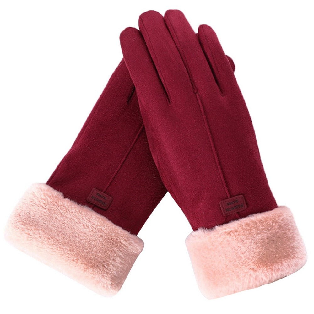 Women's Timeless Warm Suede Fleece Winter Gloves - Red