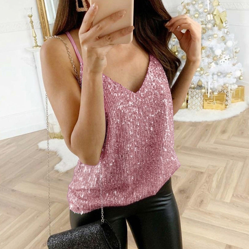 Women's Sparkly V-Neck Sequin Top - Pink