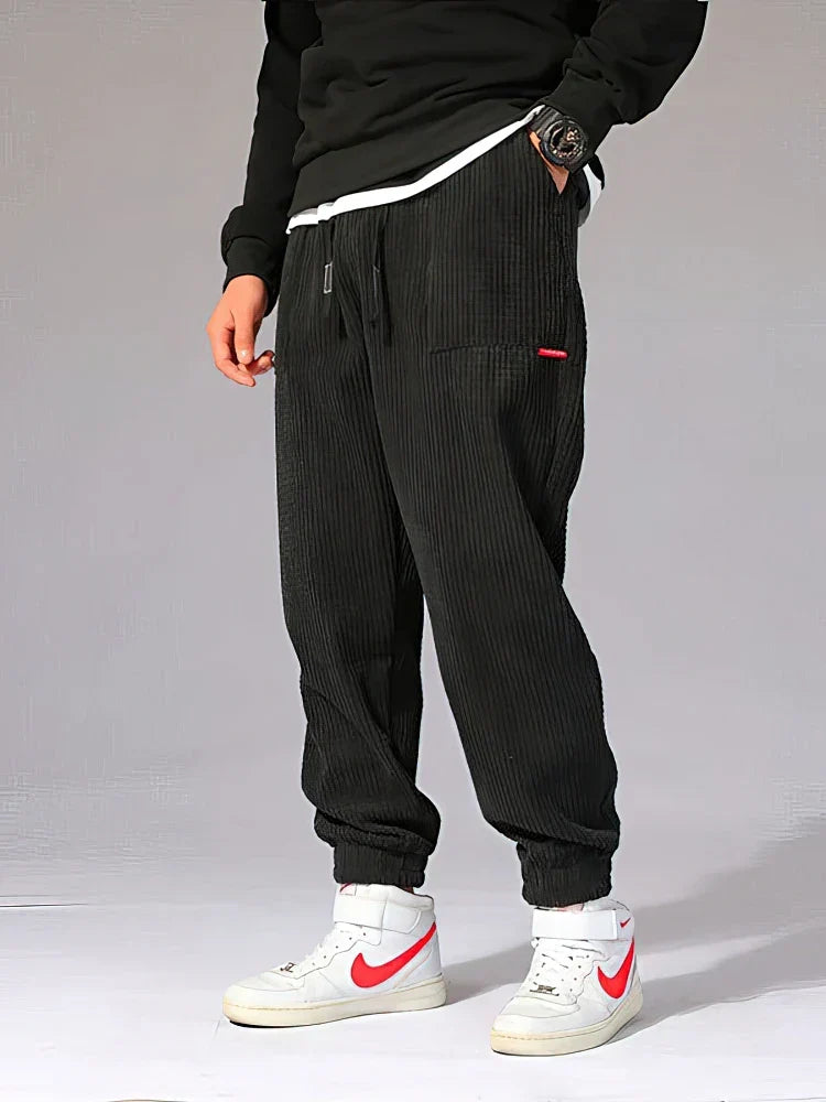 Men's Cuffed Breathable Corduroy Baggy Sweatpants - Black