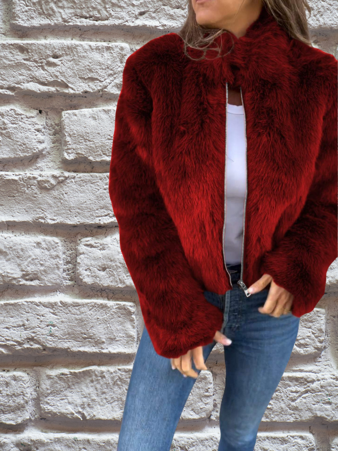 Women's Stylish Winter Faux Fur Coat - Red