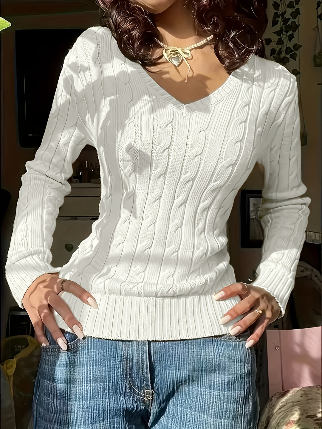 Elegant Women'S Solid Color V-Neck Textured Fabric Comfortable Long Sleeve Sweater