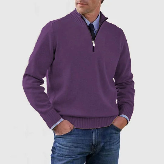 Men's Elegant Knit Zip Quarter Sweater - Purple
