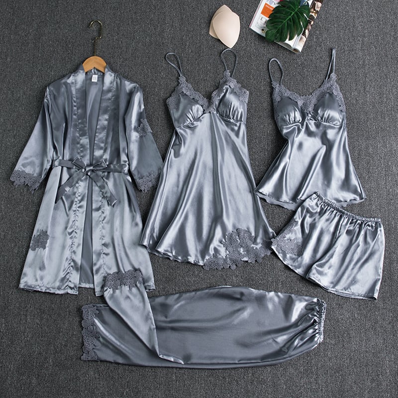Women's Elegant Satin Kimono Breathable Robe - Grey