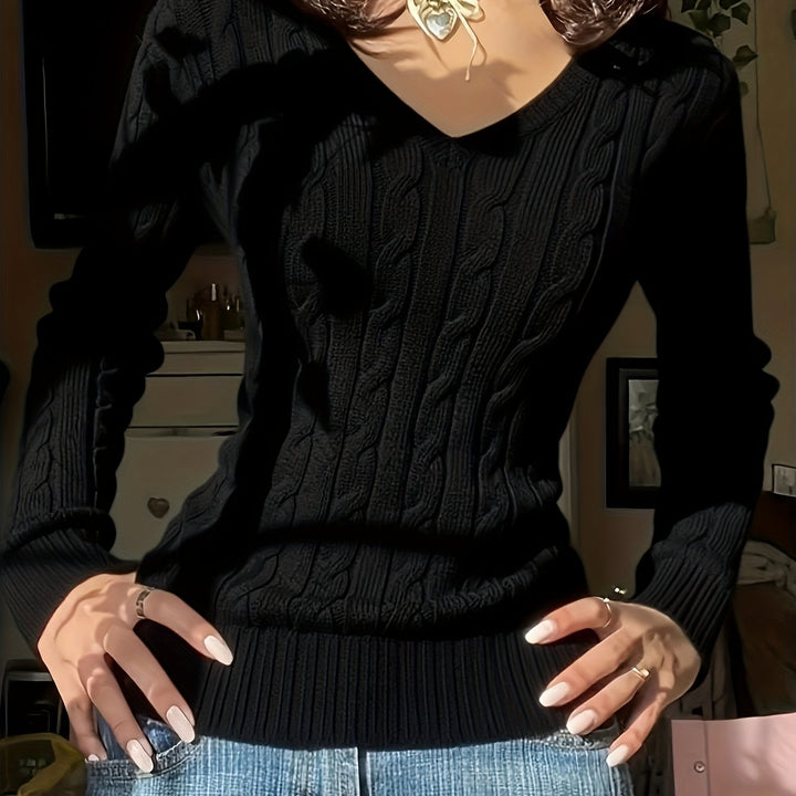 Elegant Women'S Solid Color V-Neck Textured Fabric Comfortable Long Sleeve Sweater