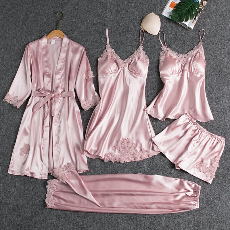 Women's Elegant Satin Kimono Breathable Robe - Pink