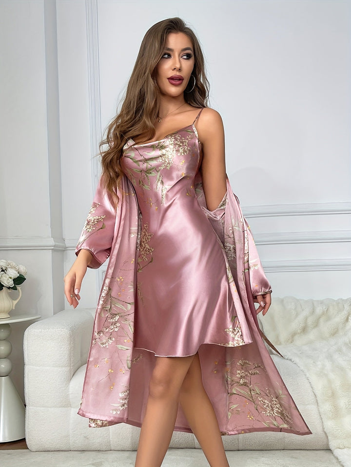 Women's Stylish Floral Satin Robe - Pink