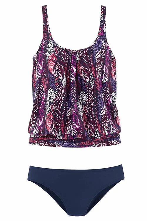 Plume | Belly-Covering Feather Print Tankini Set