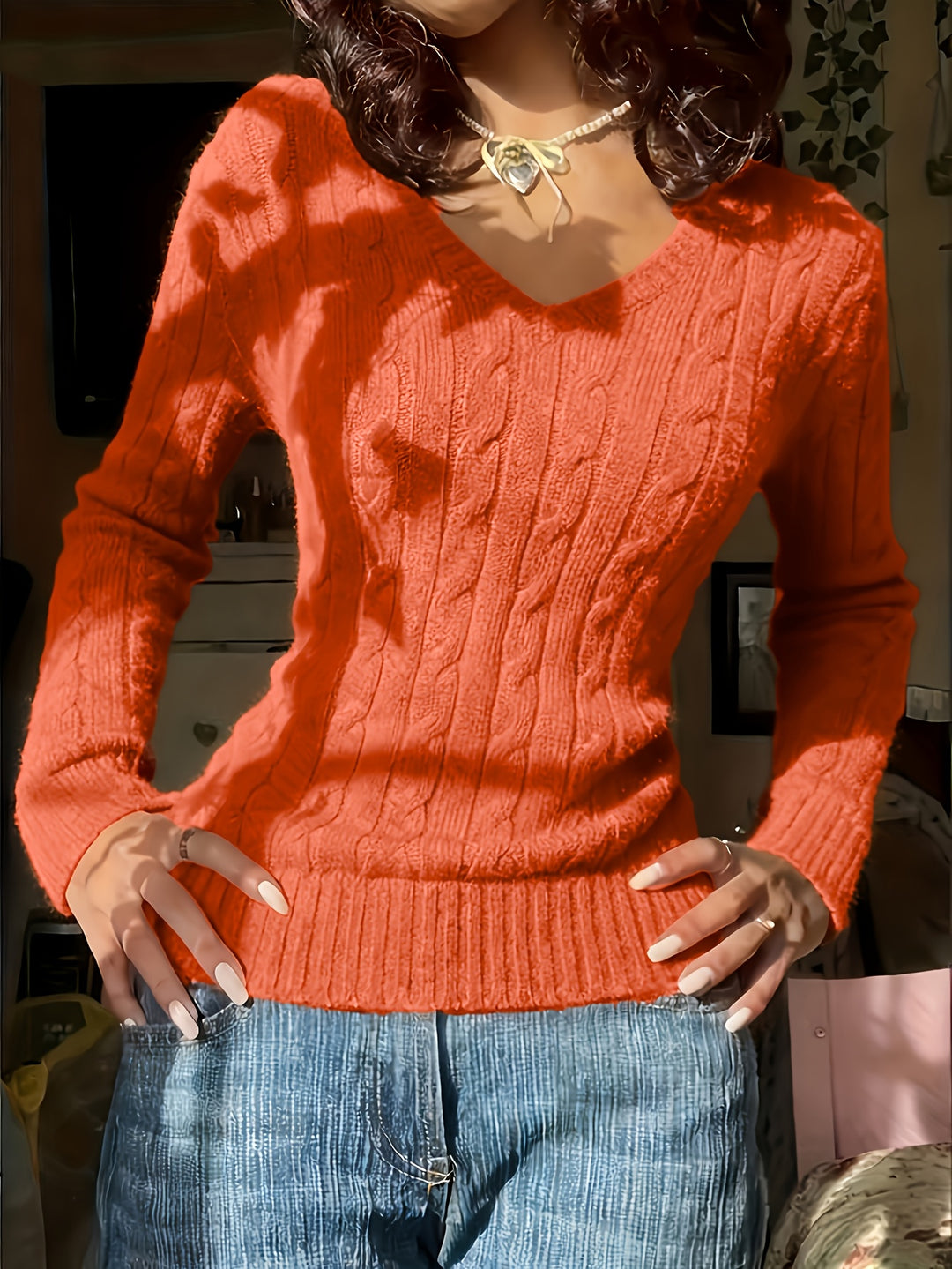Elegant Women'S Solid Color V-Neck Textured Fabric Comfortable Long Sleeve Sweater