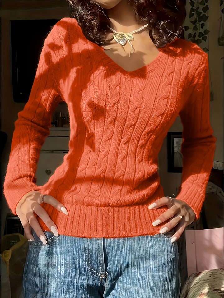 Elegant Women'S Solid Color V-Neck Textured Fabric Comfortable Long Sleeve Sweater