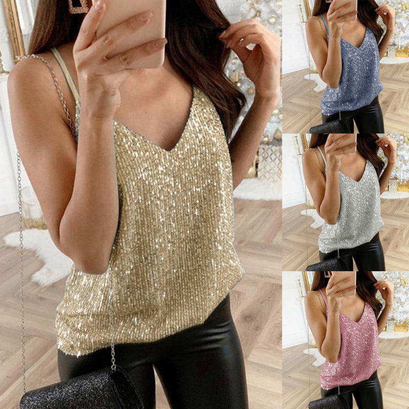 Women's Sparkly V-Neck Sequin Top - Gold