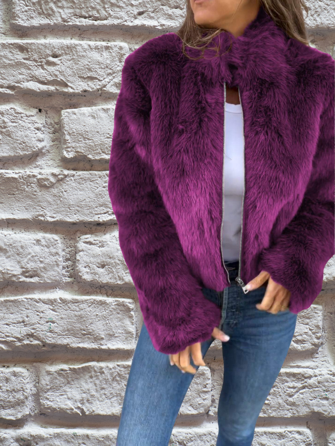 Women's Stylish Winter Faux Fur Coat - Purple
