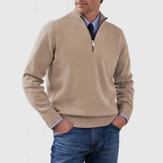 Men's Elegant Knit Zip Quarter Sweater - Beige