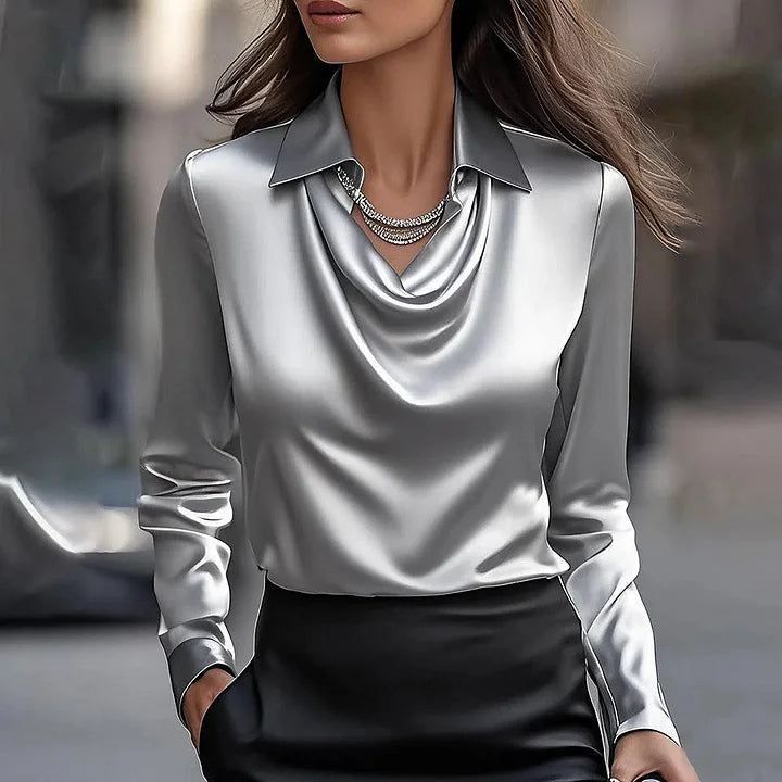 Women's Stylish Fitted Satin Long Sleeve Christmas Party Blouse - Grey