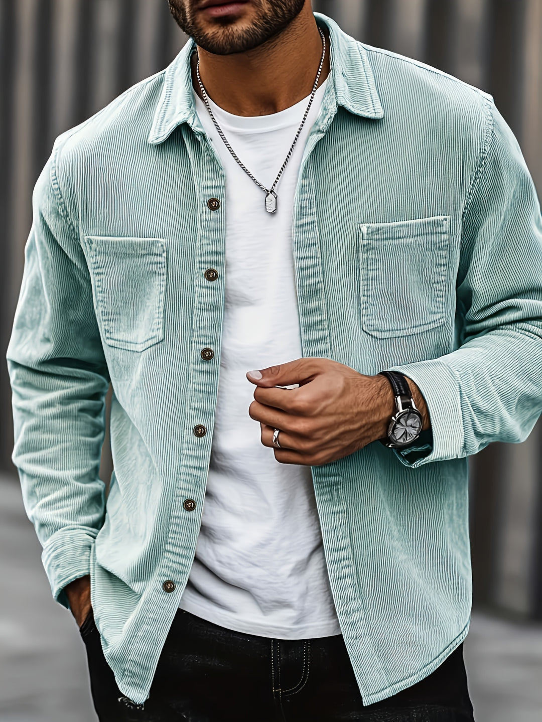 Men's Lapel Collar Double Pocket Overshirt