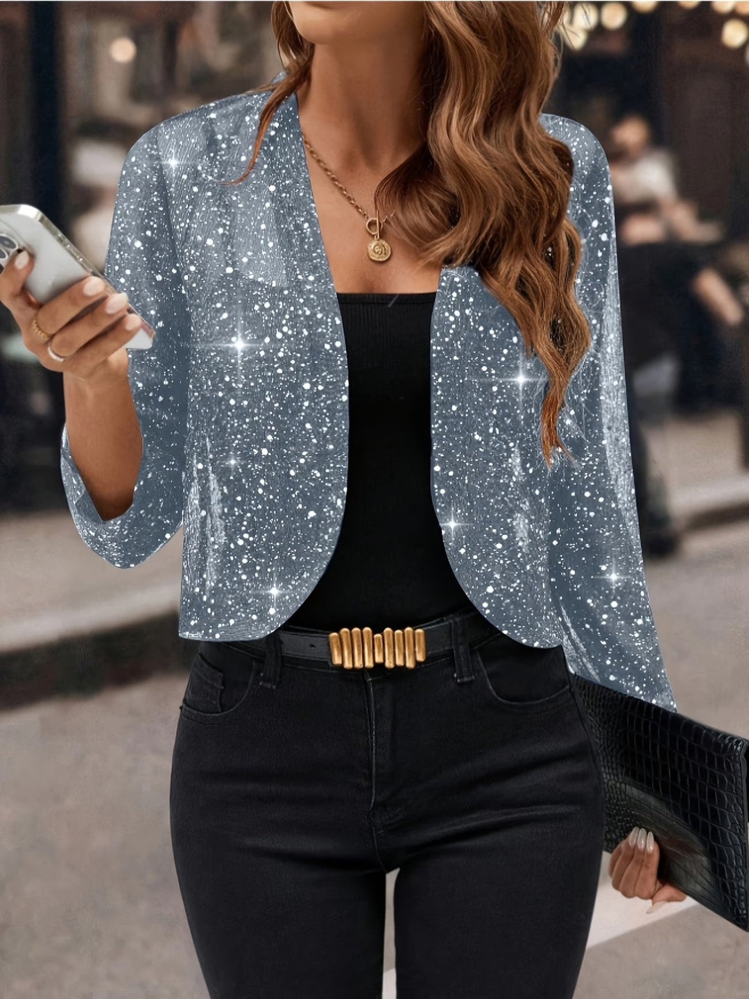 Women's Sparkly Long Sleeve V-Neck Sequin Top - Grey