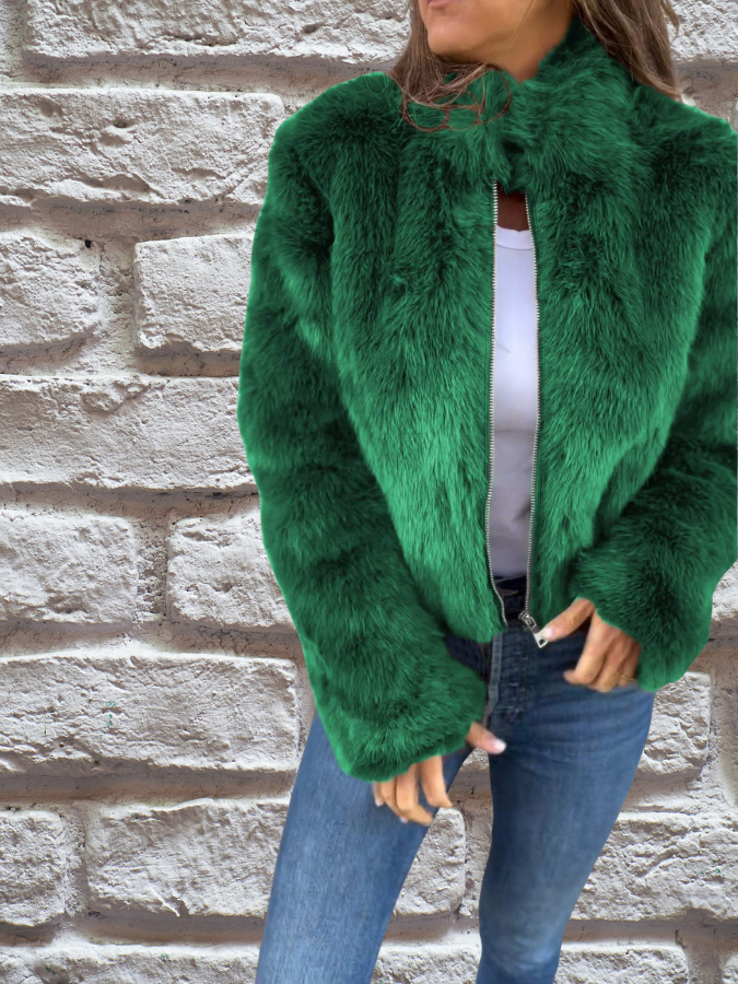 Women's Stylish Winter Faux Fur Coat - Green