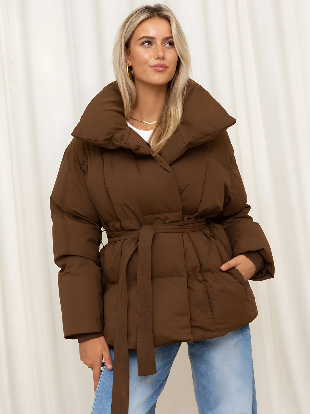 Women's Casual Quilted Puffer Winter Jacket - Brown