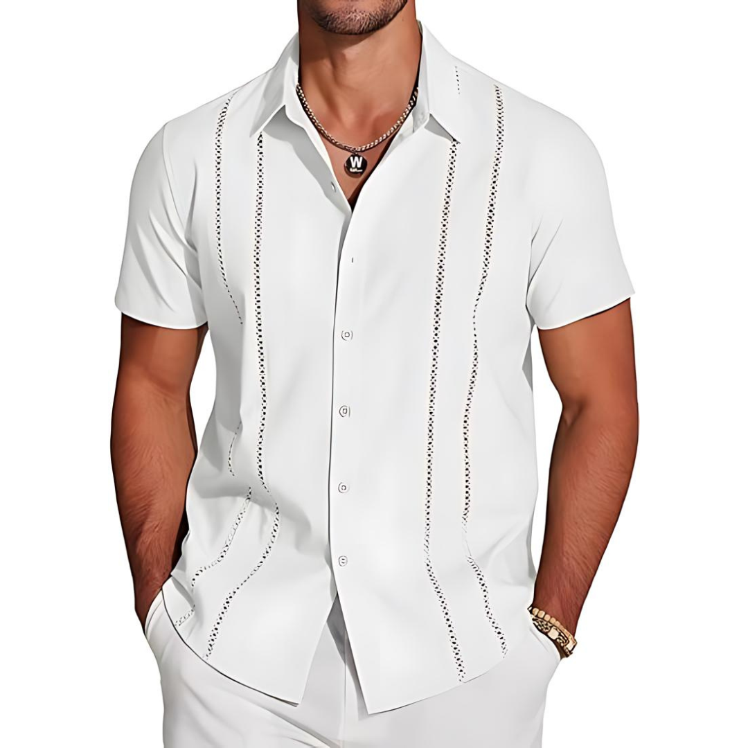 Men's Cuban Collar Shirt | Embroidered Detail | Lightweight Short Sleeve