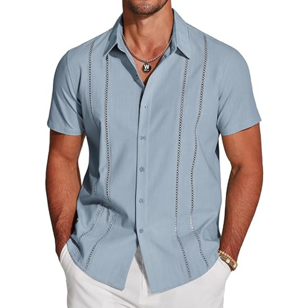 Men's Cuban Collar Shirt | Embroidered Detail | Lightweight Short Sleeve