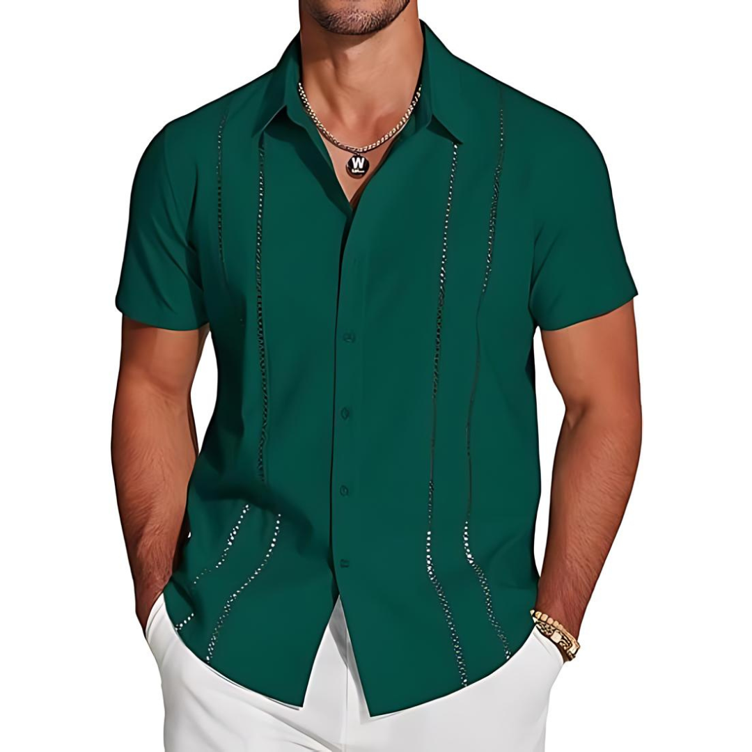 Men's Cuban Collar Shirt | Embroidered Detail | Lightweight Short Sleeve