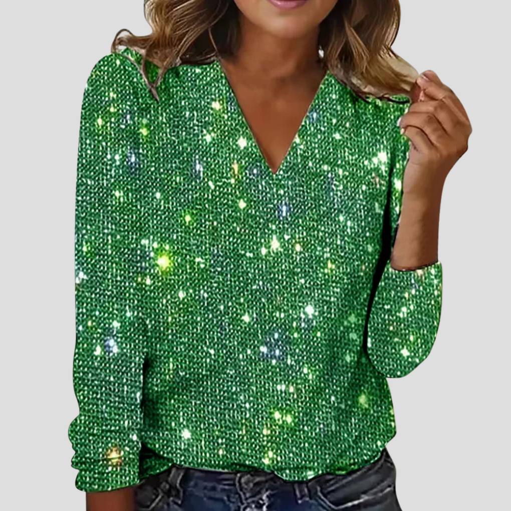 Women's Sparkly V-Neck Long Sleeve Sequin Top - Green