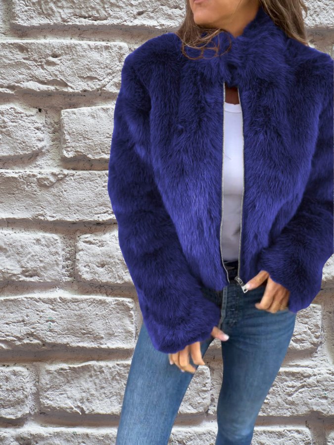 Women's Stylish Winter Faux Fur Coat - Blue