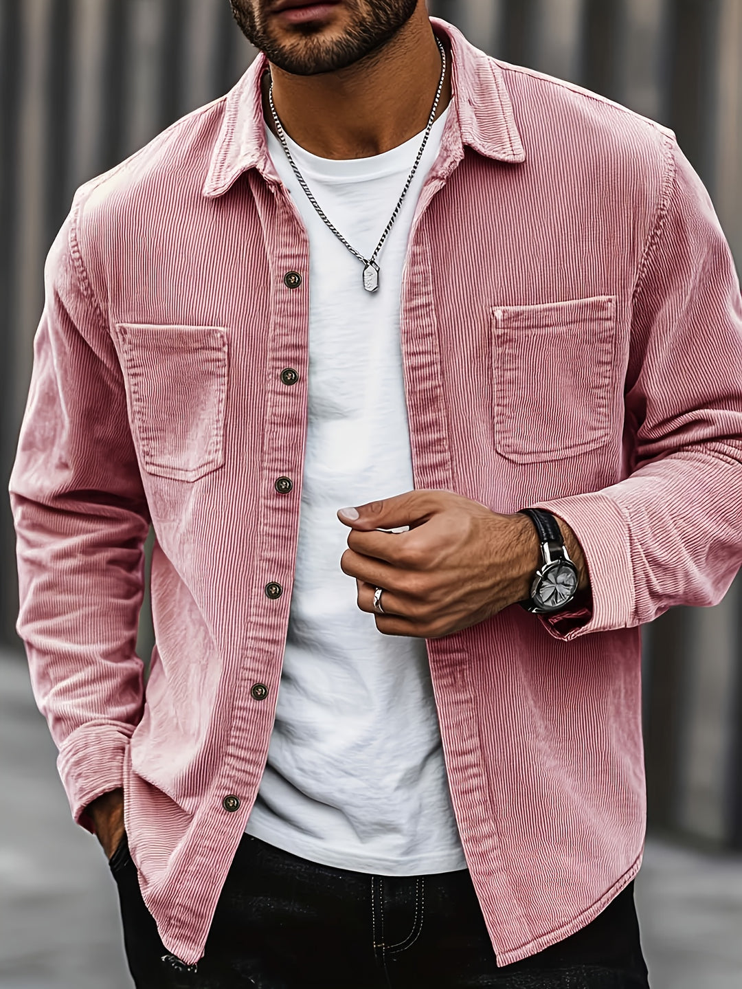 Men's Lapel Collar Double Pocket Overshirt