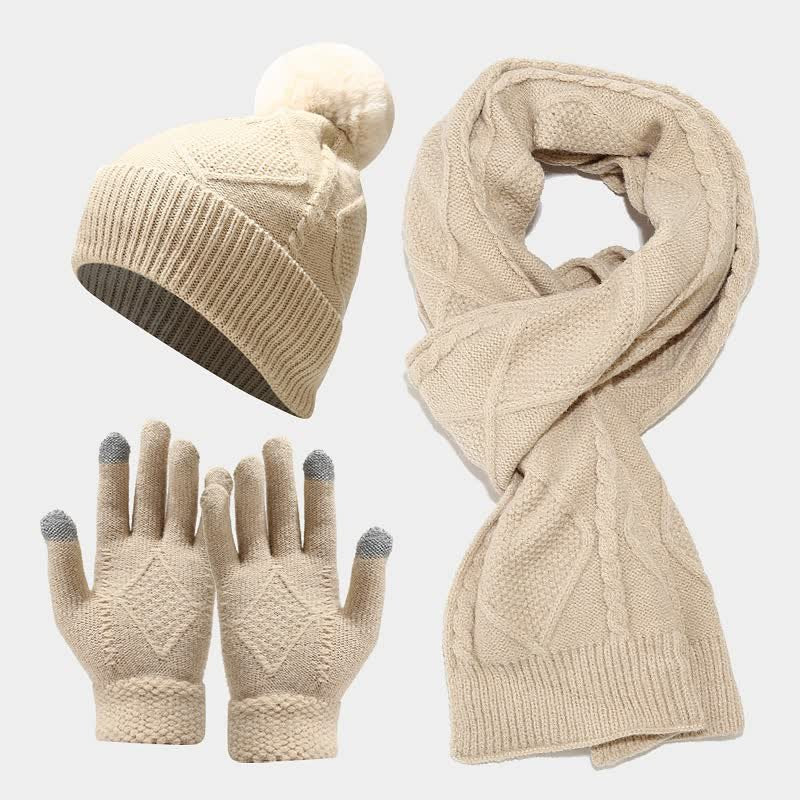 Women's Classic Warm Winter Knit Gloves Set - Beige