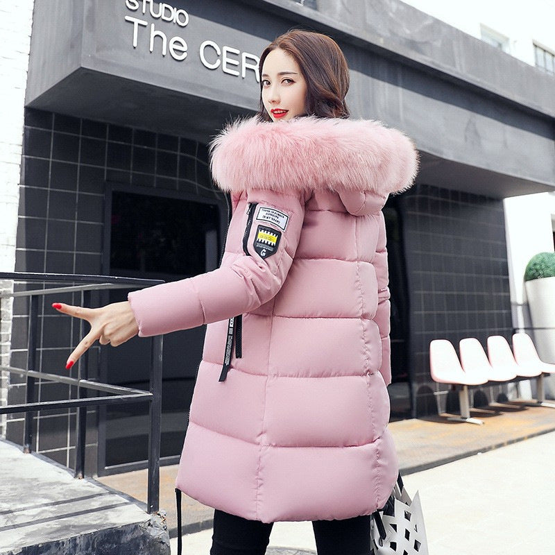 Women's Fur Hood Long Puffer Winter Jacket - Pink