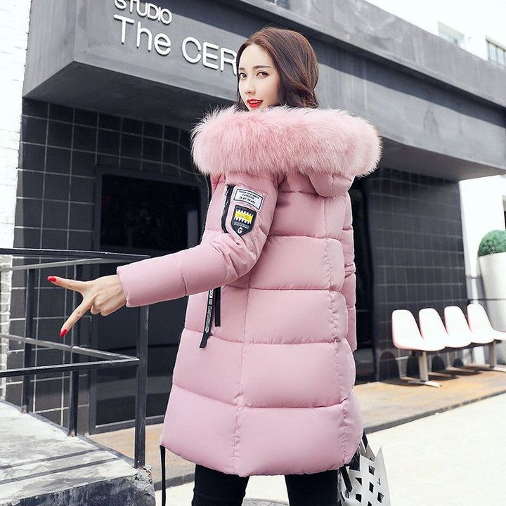 Women's Fur Hood Long Puffer Winter Jacket - Pink