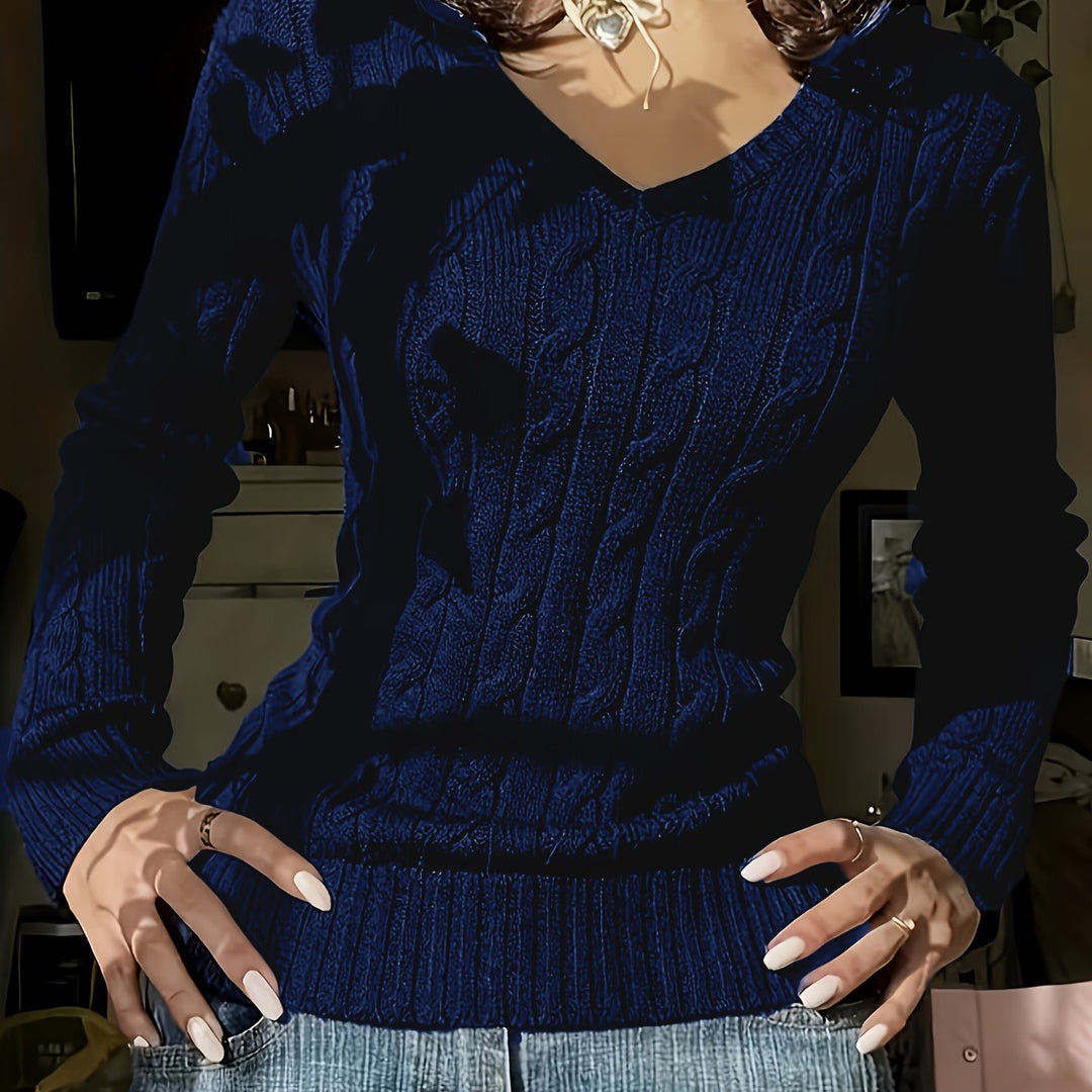 Elegant Women'S Solid Color V-Neck Textured Fabric Comfortable Long Sleeve Sweater