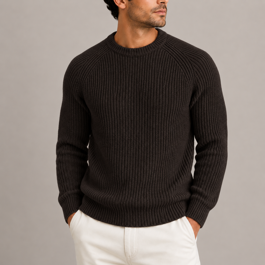 Men's Fisherman Rib Crew Neck Knitted Sweater - Brown