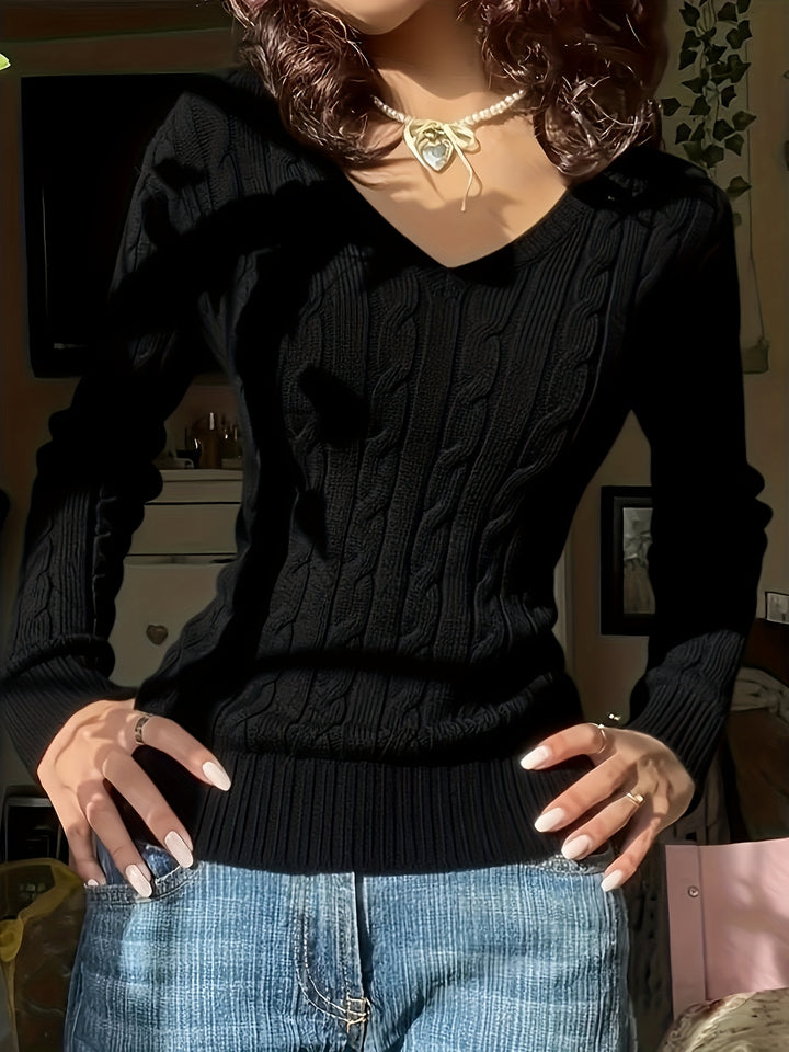Elegant Women'S Solid Color V-Neck Textured Fabric Comfortable Long Sleeve Sweater